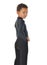 Handsome african american boy in dance costume on white background
