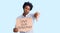 Handsome african american man with afro hair holding save our democracy protest banner with angry face, negative sign showing
