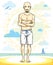 Handsome bald adult man with stylish beard and mustaches standing on tropical beach in bright shorts. Vector nice and sporty man