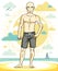 Handsome bald man standing on tropical beach and wearing beachwear shorts. Vector human illustration. Summer vacation theme.