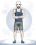 Handsome bald young man standing. Vector illustration of sportsman with beard and whiskers. Active and healthy lifestyle theme