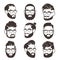 Handsome bearded hipster man faces with mustache and modern male hairstyle vector avatars isolated