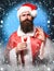 Handsome bearded santa claus man with long beard on funny face holding glass of alcoholic shot in red christmas or xmas