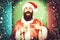 Handsome bearded santa claus man with long beard on smiling face holding glass of alcoholic beverage in christmas or