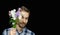 Handsome bearded stylish man with bouquet of wild flowers on black background. Greeting card, pastoral spring or summer mood