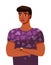 Handsome black or ethnic teenage boy or young athletic man standing arms crossed in lilac t-shirt