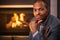 Handsome black man by fireplace