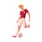 Handsome blond soccer, football player in uniform dribbling a ball
