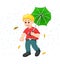 Handsome boy cartoon standing under rain bring umbrella with smile
