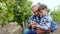 Handsome boy and his grandparents together in the vineyard collecting the grapes harvest little boy spending time with