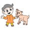 Handsome boy is playing with his pet goat, doodle icon image kawaii