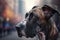 A handsome brindle Great Dane in the city. Blurred background. Generative AI.