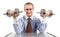 Handsome businessman exercising with dumbbells