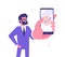 Handsome businessman showing smartphone display with successful check mark close up and winking. Friendly male character. Vector