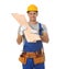 Handsome carpenter with wooden planks isolated