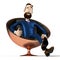 Handsome cartoon businessman sitting in shiny egg/ ball chair - 3D illustration