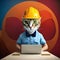 Handsome cat engineer construction worker sitting at the desk and using notebook for work. Generative AI