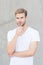 Handsome caucasian man gray background. Ideal traits that make man physically attractive. Bearded guy casual style close