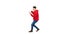 Handsome cool casual man listening to music in smartphone and dancing while walking on white background.