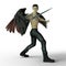 Handsome Dark Angel with black wings holding a sword in a fight action pose