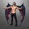 Handsome dark demon or angel with dark leather wings and hands outstretched with head back and looking upwards