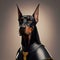 Handsome doberman in service clothes. Leather uniform. Smart and serious look.