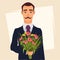 Handsome gentleman in suit with mustache holding bouquet of wildflowers, going on a date with his beloved.