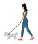 Handsome girl walking with dog vector illustration, isolated on white background. Maltese dog. Lady with cute puppy outdoor.