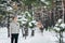 Handsome groom in beige pullover on background of blurred bride in snowy forest. Winter wedding. Artwork.