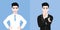 A handsome groom man with a wedding man`s suit two styles on the wedding day. Valentine`s Day cartoon