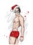 Handsome guy dressed as Santa Claus. Muscular man in shorts and a hat. New Year and Christmas, fashion and style, accessories.
