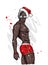 Handsome guy dressed as Santa Claus. Muscular man in shorts and a hat. New Year and Christmas, fashion and style, accessories.