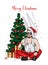 Handsome guy in santa claus hat and new year tree. New Year`s and Christmas. A man in santa clothes. Vector illustration.