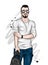 Handsome guy in stylish clothes and glasses. Vector illustration for greeting card or poster. Fashion & Style.