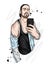 Handsome guy in a t-shirt, jacket and cap takes a selfie. A man and a smartphone. Vector illustration for a card or poster, print