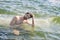 Handsome guy topless portrait in sea water