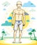 Handsome hairless young man standing on tropical beach in bright shorts. Vector athletic male illustration. Summer vacation