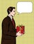 Handsome happy guy from 50-60s with speech bubble giving a present