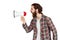 Handsome hipster shouting through megaphone