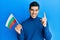 Handsome hispanic man holding bulgarian flag smiling with an idea or question pointing finger with happy face, number one