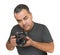 Handsome Hispanic Young Male With DSLR Camera Isolated on a Whit