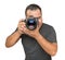 Handsome Hispanic Young Male With DSLR Camera Isolated on a Whit