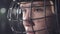 Handsome hockey player. dark arena, close up portrait of defender or forward canadian player