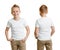 Handsome kid boy model in white t-shirt or tshirt back and front