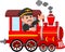 Handsome machinist cartoon uo train with smile and waving