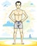 Handsome man adult standing on tropical beach in bright shorts.