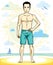 Handsome man adult standing on tropical beach in bright shorts. Vector nice and sporty man illustration.