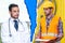 Handsome man as construction worker and as doctor on torn paper