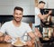 Of handsome man cooking delicious noodles