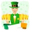 Handsome man dressed as leprechaun celebrating Saint Patrick day holding six golden beer mugs with irish ribbon